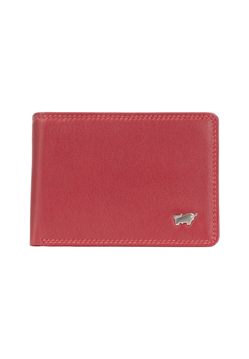Portafoglio rosso in pelle con una texture liscia. Presenta bordi cuciti e un piccolo emblema di toro argento nell'angolo in basso a destra.