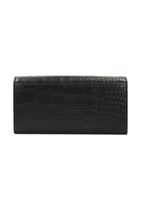 Portafoglio in pelle nera con una trama a coccodrillo, caratterizzato da una forma rettangolare elegante e un design minimalista, che mette in mostra dettagli di cucitura raffinati.