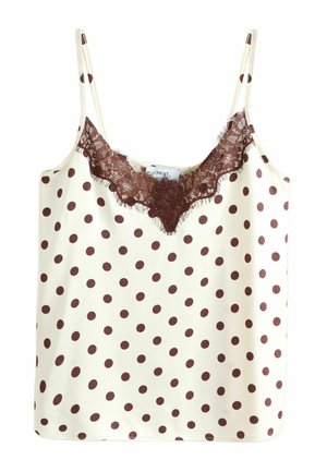 Maiou crem cu buline maro și dantelă maro la decolteul în V și bretele subțiri.