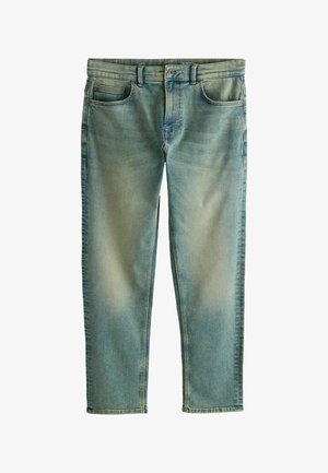 Helehallid kitsad teksad tuhmunud kulunud efektiga, eesmine nööp ja lukk ning viie taskuga disain.