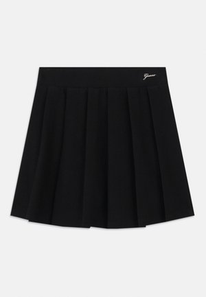 Černá plisovaná sukně vyrobená z měkké látky, s přiléhavým pasem a malým stříbrným logem značky v levém horním rohu. Jednoduchý design.