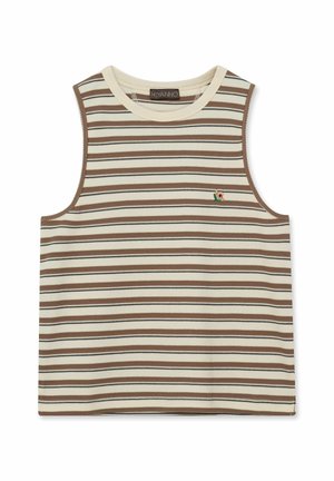 Bez rukávov pletený top s horizontálnymi pruhmi v krémovej, hnedej a čiernej farbe, s malým vyšívaným kvetom blízko hrudníka a okrúhlym výstrihom.