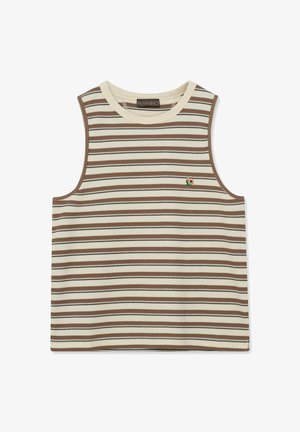 Bez rukávov pletený top s horizontálnymi pruhmi v krémovej, hnedej a čiernej farbe, s malým vyšívaným kvetom blízko hrudníka a okrúhlym výstrihom.