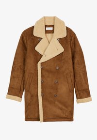 Cappotto in suede marrone con colletto e foderatura in shearling beige, design doppiopetto, dotato di due tasche laterali e dettagli in bottoni.