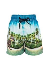 Svøm shorts med blåt elastisk talje, sort snor og grafisk mønster med en dinosaur og palmer på en strandbaggrund.