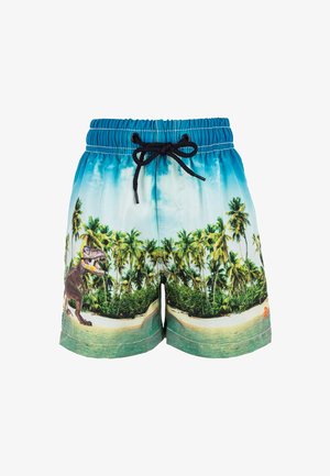 Swim shorts with a blue elastic waistband, black drawstring, and graphic pattern featuring a dinosaur and palm trees on a beach background.