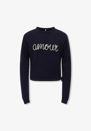 Tummansininen pitkähihainen lyhyt neule, jossa on tekstuurinen kermaisen värinen "amour"-teksti rinnan kohdalla.