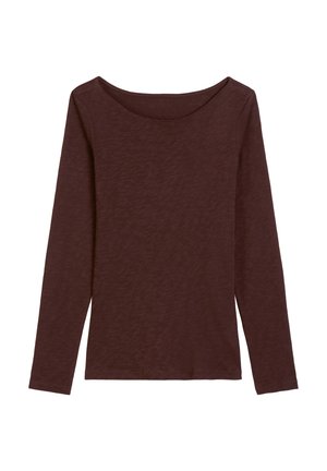 Długi rękaw w ciemnej burgundzie, z szerokim dekoltem i gładkim, lekko teksturowanym materiałem o dopasowanym kroju.