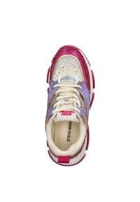 Multicolored sneaker with a combination of pink, purple, silver, and metallic textures. Features decorative gems and a cushioned sole.