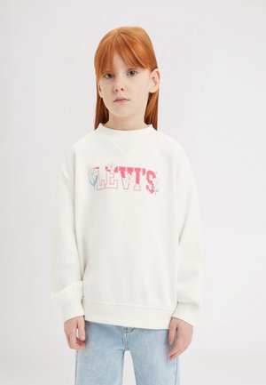 Sudadera de color crema con puños y bajo acanalados, que presenta un logo bordado en rosa de "Levi's" adornado con detalles florales.