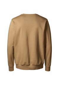 Sudadera marrón con cuello redondo, puños y dobladillo acanalados. Fabricada en un tejido suave con una textura lisa y un corte holgado.