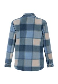 Achteraanzicht van een fleece shirt met lange mouwen, voorzien van een groot blauw, beige en grijs ruitpatroon en knoopmanchetten.