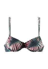Zwarte bikini top met een tropisch bladpatroon in groen en roze, met onderpandsteun en dunne, verstelbare bandjes.