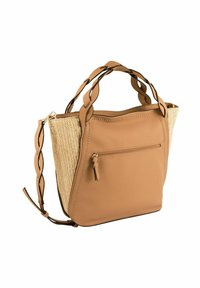 Sac cabas en cuir tabac et paille tressée avec double poignée, fermeture éclair et une poche extérieure. Caractérisé par une texture lisse et une forme structurée.