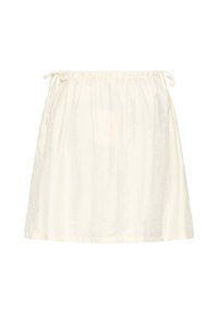 Jupe blanche mi-longue avec une taille élastique et des détails de nœuds sur les côtés, en tissu léger.