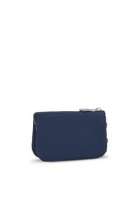 Navy blue wallet made of fabric with a smooth texture, featuring a zip closure and minimal stitching. Compact rectangular shape.
