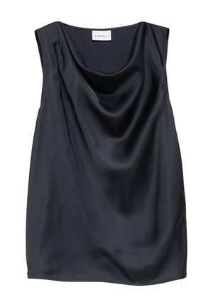 Czarna satynowa bluzka bez rękawów z drapowanym dekoltem i wewnętrzną metką z logo "COMMA".