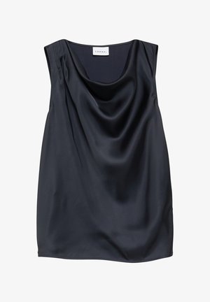 Czarna satynowa bluzka bez rękawów z drapowanym dekoltem i wewnętrzną metką z logo "COMMA".