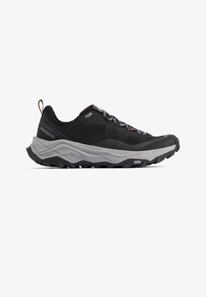 Schwarzer und grauer Trailrunning-Schuh für Herren mit dicker Sohle, strukturiertem Grip, Schnürdesign und Zuglasche an der Ferse.