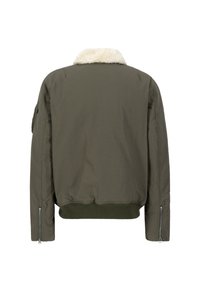 Olivovo zelená bomber bunda s bielym kožúškom na golieri, rebrovaným lemom a manžetami. Obsahuje zipsové vrecká na rukávoch a na stranách. Hladká textúra látky.