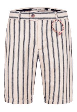 Beige og sorte shorts med lodrette striber, lukkes med knap og har en rød, hvid og blå flettet snor på det højre bæltestykke ved taljen.