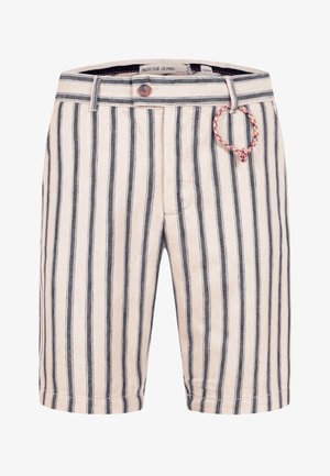 Beige og sorte shorts med lodrette striber, lukkes med knap og har en rød, hvid og blå flettet snor på det højre bæltestykke ved taljen.