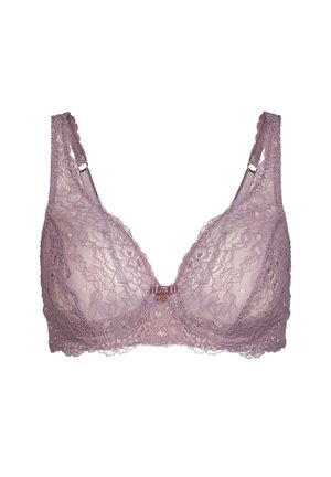 Reggiseno in pizzo di un morbido lavanda con motivo floreale, caratterizzato da coppe trasparenti, spalline regolabili e una chiusura in oro rosa al centro.