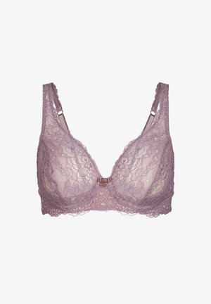 Reggiseno in pizzo di un morbido lavanda con motivo floreale, caratterizzato da coppe trasparenti, spalline regolabili e una chiusura in oro rosa al centro.