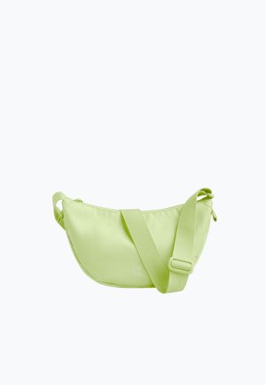 Lichtgroene halvemaanvormige crossbodytas met verstelbare riem en ritssluiting, kleine geperste logo in het midden aan de voorkant.