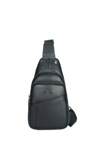 Sacoche en cuir noir avec surface texturée, plusieurs compartiments zippés, bandoulière réglable et un logo minimaliste à l'avant.