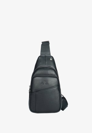 Borsa a tracolla nera in pelle con superficie testurizzata, multiple tasche con zip, tracolla regolabile e un logo minimale sul davanti.