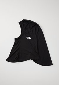 Sorte ærmeløs beklædningsgenstand med hætte, lavet af letvægts, tekstureret stof. Har et hvidt logo print på forsiden.