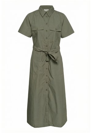 Midi šaty s krátkym rukávom v olivovej zelenej farbe, zapínanie na gombíky, golier, dve náprsné klapkové vrecká a látkový opasok viazaný v páse.