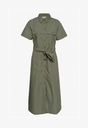 Midi šaty s krátkym rukávom v olivovej zelenej farbe, zapínanie na gombíky, golier, dve náprsné klapkové vrecká a látkový opasok viazaný v páse.
