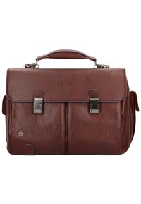 Valigetta in pelle marrone con un design strutturato, cuciture blu, chiusure a doppio fermo metallico e una maniglia superiore per il trasporto.