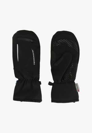 Ein Paar schwarze Winterhandschuhe mit elastischen Handgelenken, rutschfester Beschichtung auf der Handfläche, kleiner Reißverschluss-Tasche und "Swedemount"-Markierung.