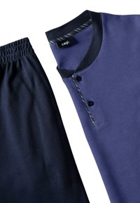 Completo da soggiorno da uomo in due pezzi con pantaloni blu navy con vita elastica e una maglietta a polo blu scuro con bottoni.