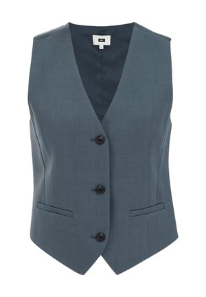 Upravené vesty v šedobluvé látce s výstřihem do V, třemi černými knoflíky, předními kapsami a hladkou podšívkou.