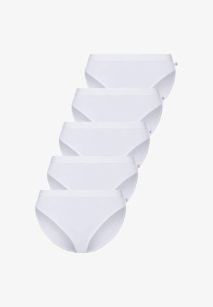 White cotton briefs, featuring a soft elastic waistband and simple cut. Each piece has a small pink tag on the side, displaying a minimalist design.