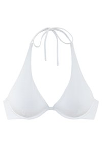 Weißes, geripptes Triangel-Bikini-Top mit einer Krawattenverschluss am Hals. Besitzt eine glatte Textur und nahtlose Kanten. Entworfen für einen minimalistischen Look.