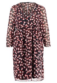 Lyhythihainen mekko läpikuultavasta tummansinisestä kankaasta, jossa on punaisia ja valkoisia sydämiä. Mekossa on V-pääntie ja volangilla varustettu vyötärö, mikä takaa löysän istuvuuden.