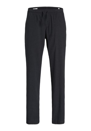 Black casual pants with elastic waistband and drawstring, straight leg fit, made from soft fabric, displayed on a white background.