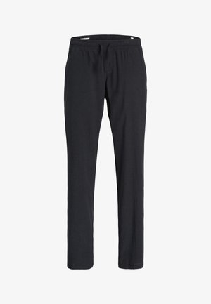 Black casual pants with elastic waistband and drawstring, straight leg fit, made from soft fabric, displayed on a white background.