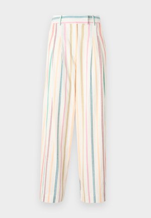 Ribade laiud püksid puuvillast, millel on pastelsetes roosa, kollase, rohelise ja sinise värvides triibud, pleidid ja lõdva istuvus.