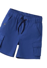 Pantalones cortos de carga azules hechos de tela ligera, con una cintura elástica, cierre con cordón y dos bolsillos laterales con cierres de solapa.