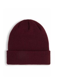 Gebreide bordeauxrode beanie met een geribbelde textuur en een omgevouwen rand. Gemaakt van zacht, warm materiaal dat geschikt is voor koud weer.