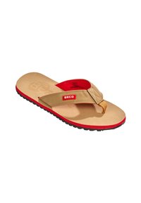 Tan Flip-Flops mit einem strukturierten Fußbett, roten Akzenten und einer Gummisohle. Verfügt über einen Stoff-Zwischenraum und das Markenlogo in Rot.