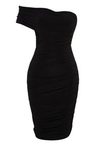 Robe bodycon noire à une épaule avec détail froncé en tissu et silhouette cintrée longueur genou.