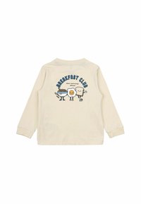 Gara piedurkņu krēmkrāsas T-krekls ar "Breakfast Club" grafiku, kurā attēloti karikatūras ēdieni un uzraksts "lēnas rīta, lūdzu" zilā krāsā.