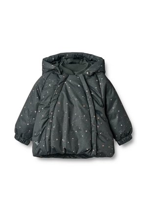 Veste rembourrée gris foncé avec motif d'étoiles, dotée d'une capuche, de poignets élastiques et d'une fermeture pressionnée à l'avant. Texture douce.